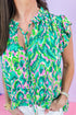 Abstract Print Ruffled Trim Tied Split Neck Tank Top